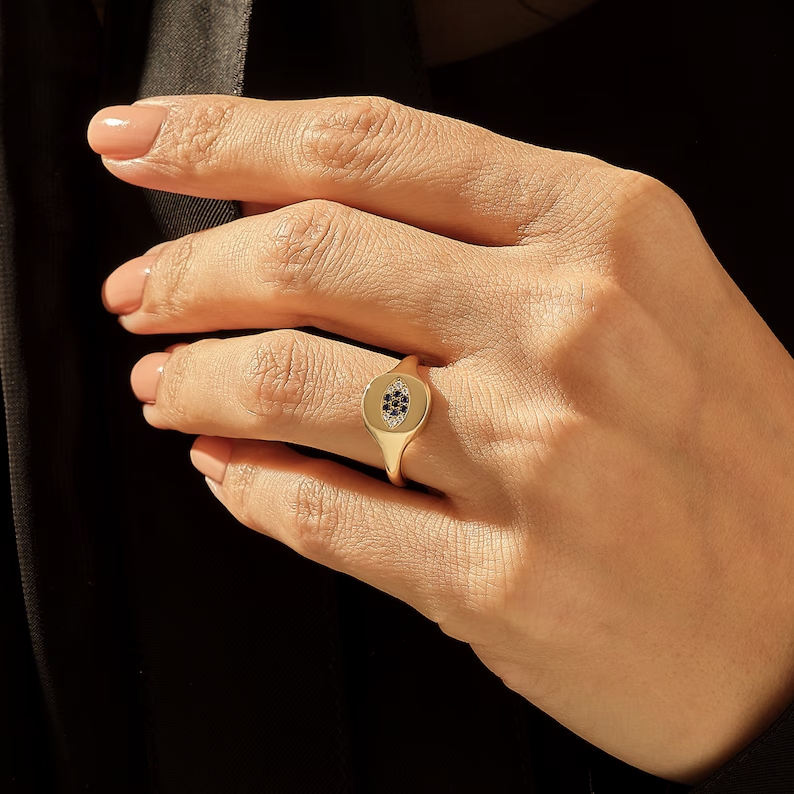 Solid Gold Evil Eye Signet Ring