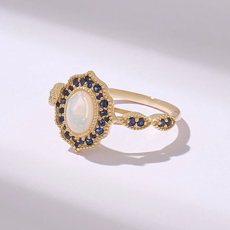 Solid Gold Oval White Opal Vintage Engagement Ring