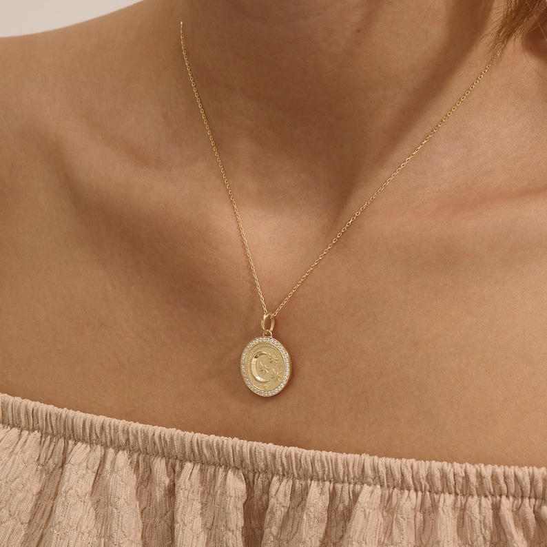 Solid Gold Moon & Stars Circle Charm Necklace