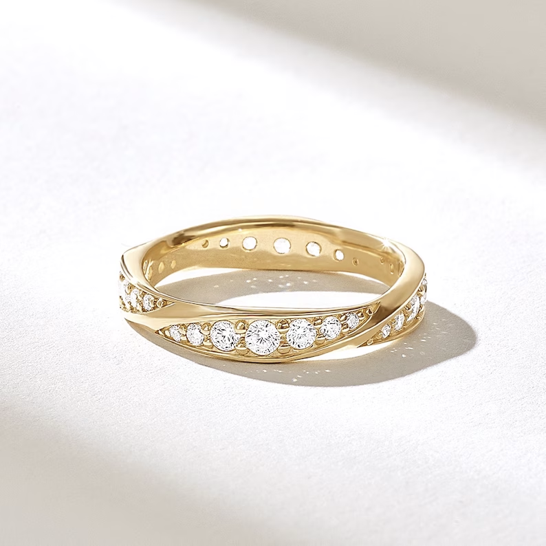 Solid Gold Pave Diamond Twist Wedding Band