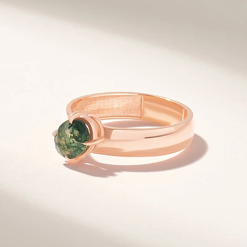 18K Solid Gold Moss Agate Solitaire Ring - Style B