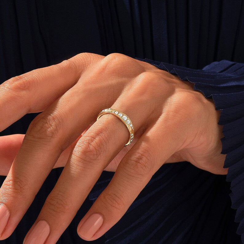 Solid Gold Pave Diamond Twist Wedding Band