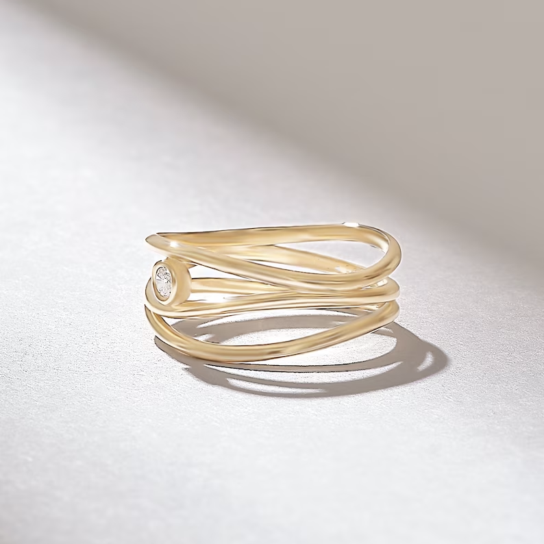 Solid Gold Wave Rows Diamond Ring