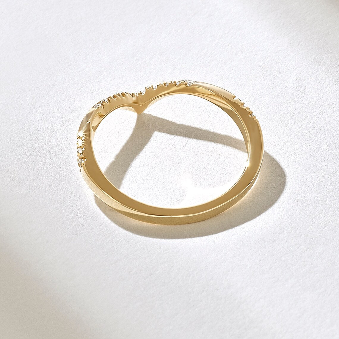 Solid Gold Twisted Pave Diamond Chevron Ring