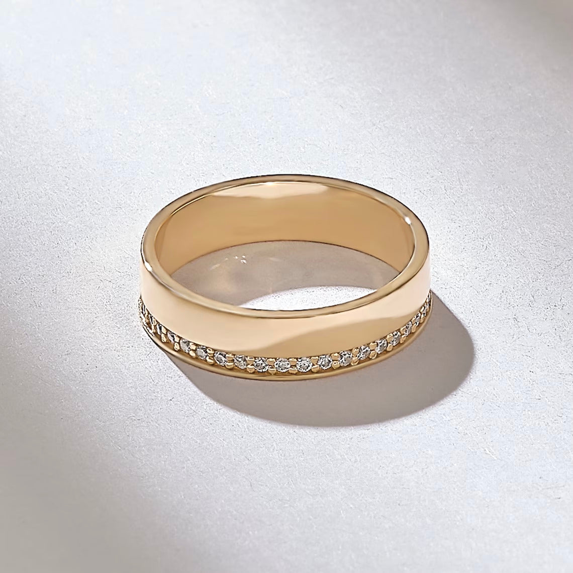 18K Solid Gold One Side Pave Wedding Band - Style B