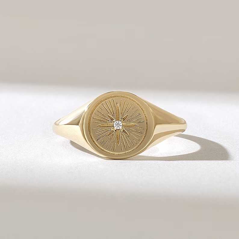 Solid Gold Compass Signet Ring
