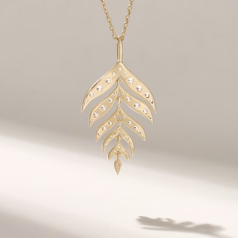 Solid Gold Diamond Leaf Pendant