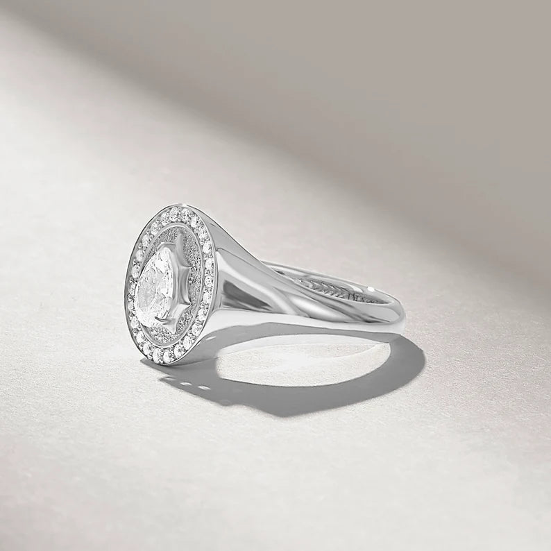 Solid Gold Pear Diamond Oval Signet Ring