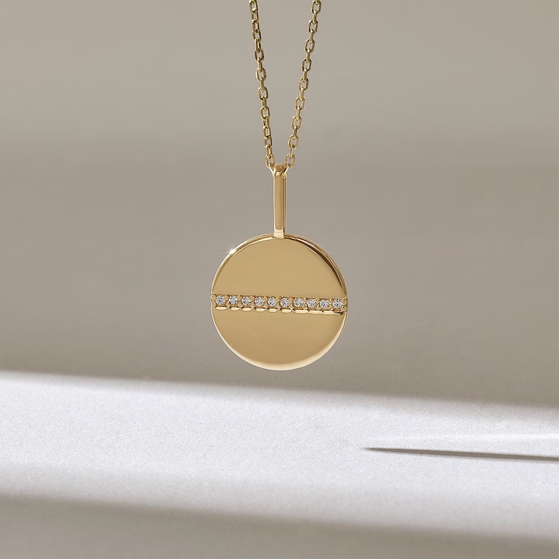 Solid Gold Pave Line Diamond Disc Necklace