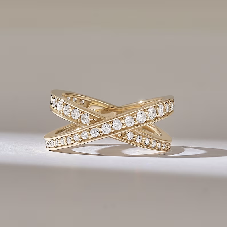 Solid Gold Ascending Pave Diamond Crossover Ring Unique X Design
