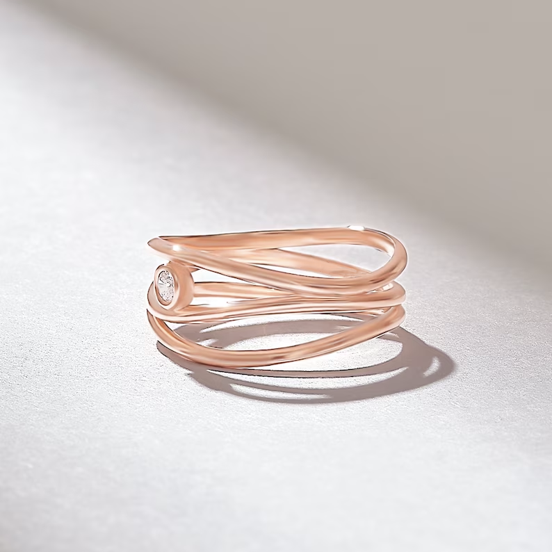 Solid Gold Wave Rows Diamond Ring