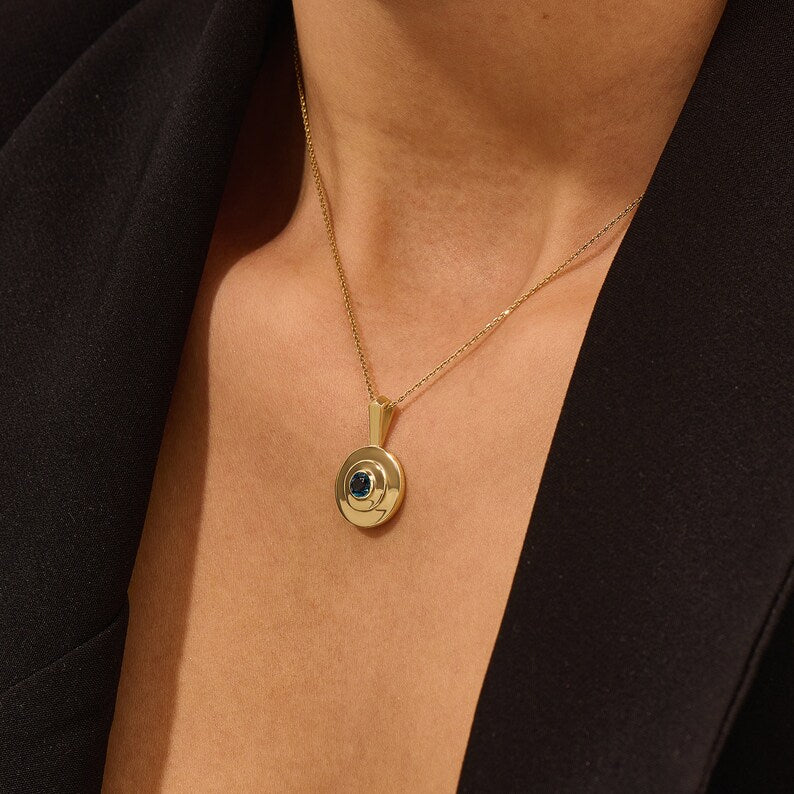 Solid Gold Blue Topaz Necklace Solitaire Round Gemstone Pendant