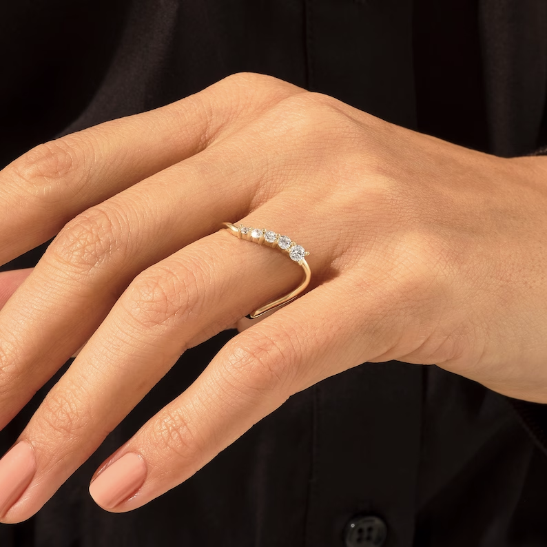18K Solid Gold Diamond Wave Stacking Ring - Style A
