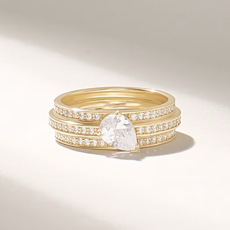 Solid Gold Pear Diamond Ring