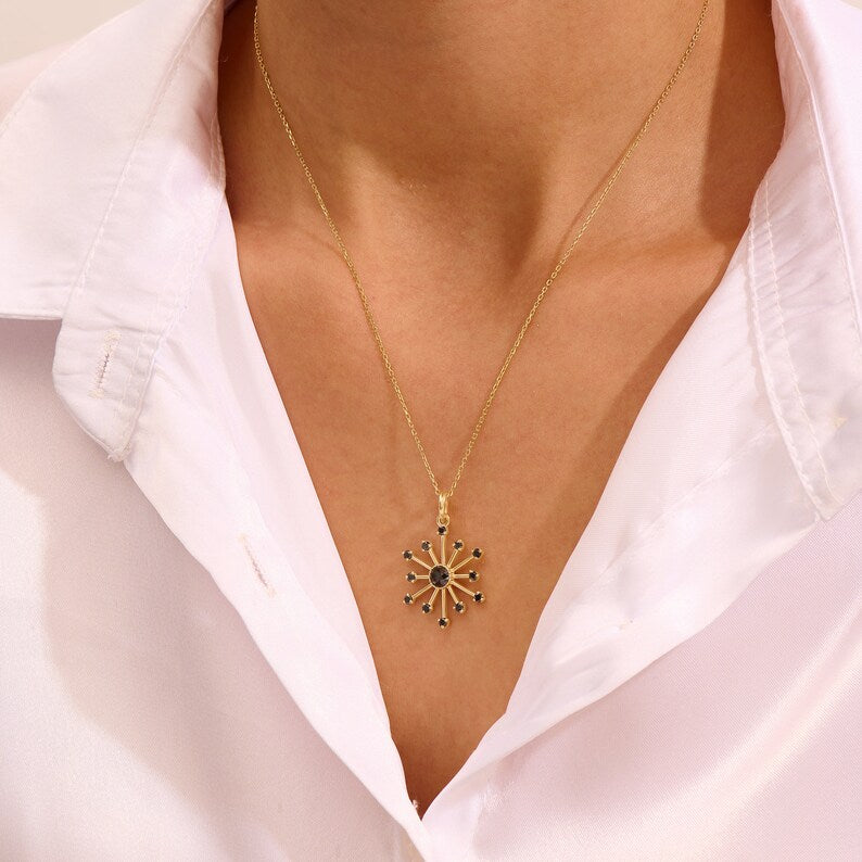 Solid Gold Black Diamond Starburst Necklace