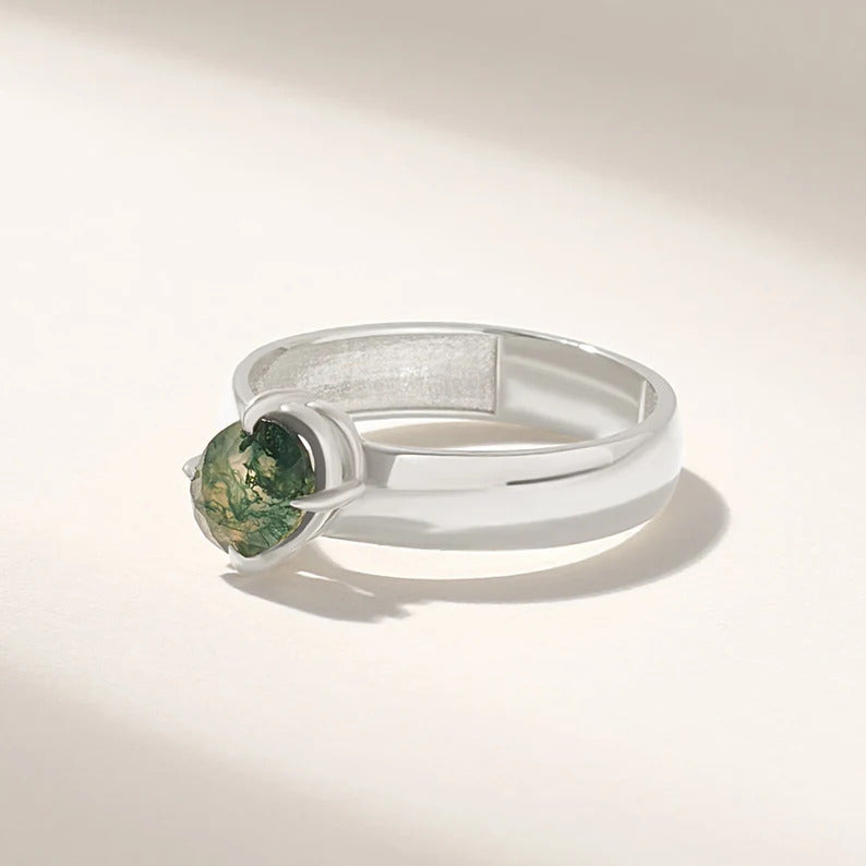 18K Solid Gold Moss Agate Solitaire Ring - Style B