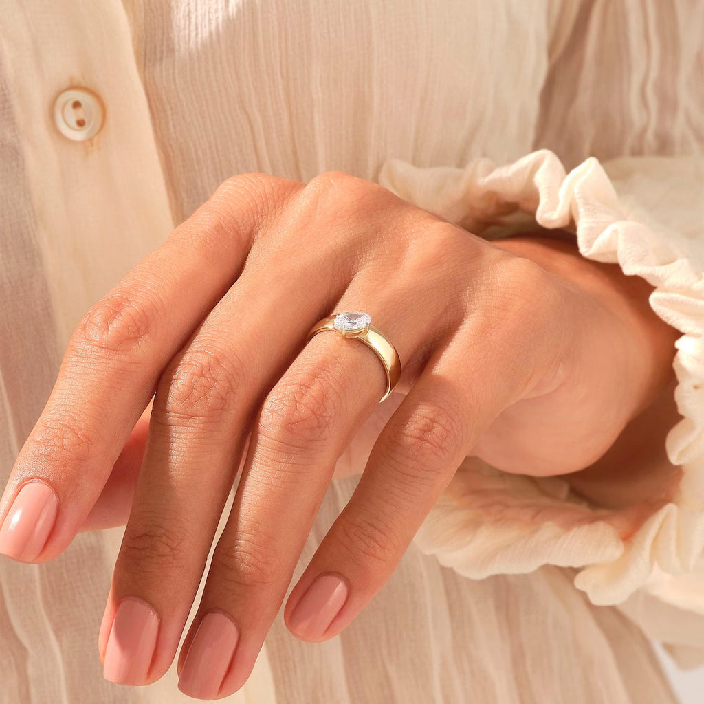 Solid Gold Oval Diamond Solitaire Bold Band Ring
