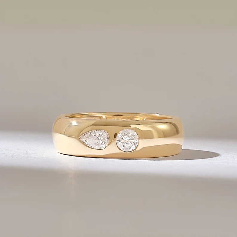Solid Gold Two Diamond Dome Ring (D07A9B)