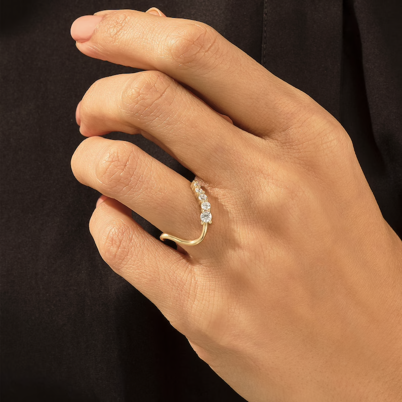 18K Solid Gold Diamond Wave Stacking Ring - Style A