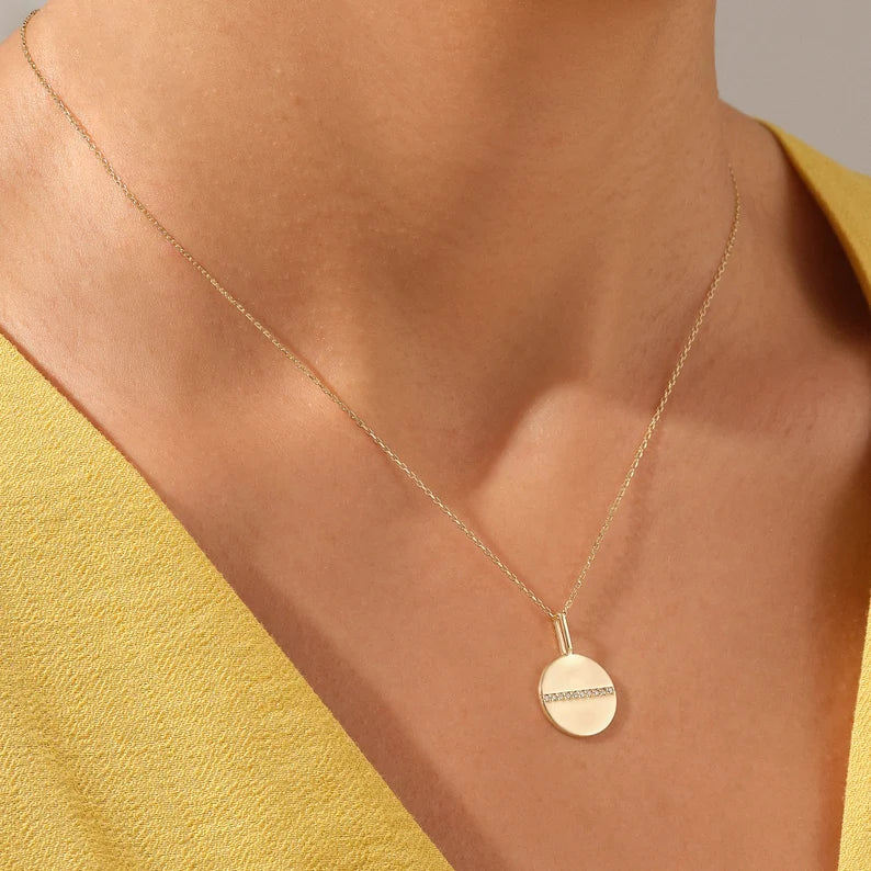 Solid Gold Pave Line Diamond Disc Necklace