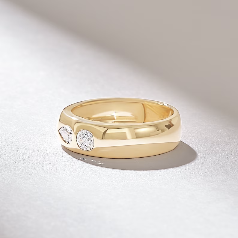 Solid Gold Two Diamond Dome Ring (D07A9B)