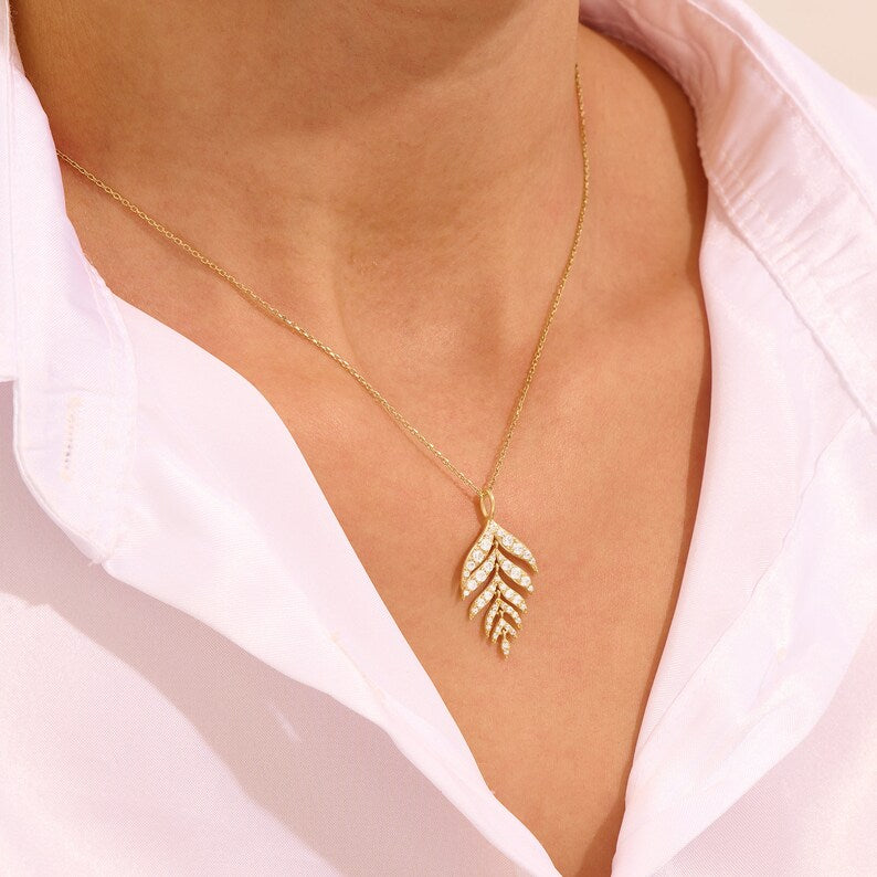 Solid Gold Diamond Leaf Pendant