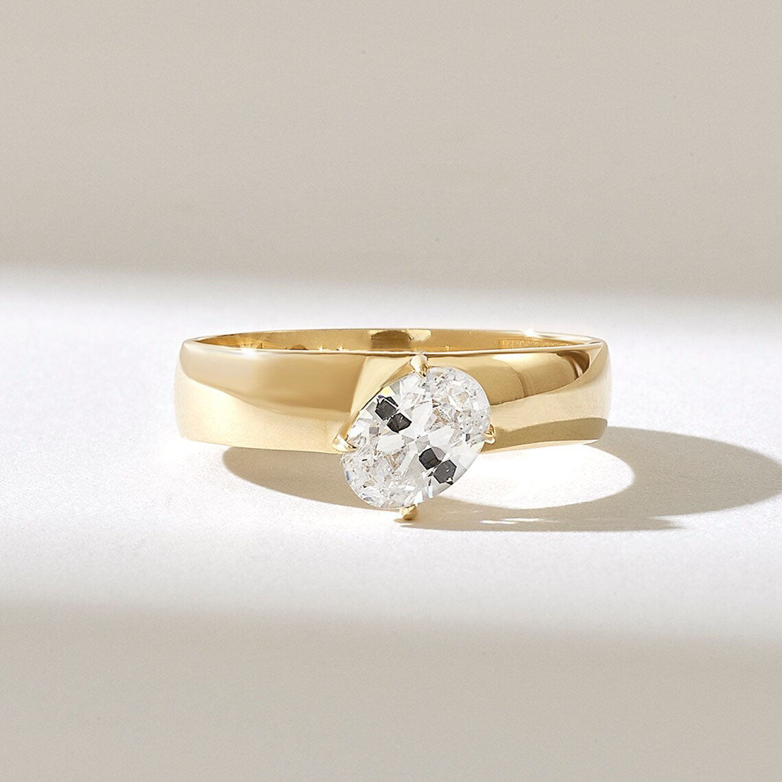 Solid Gold Oval Diamond Solitaire Bold Band Ring
