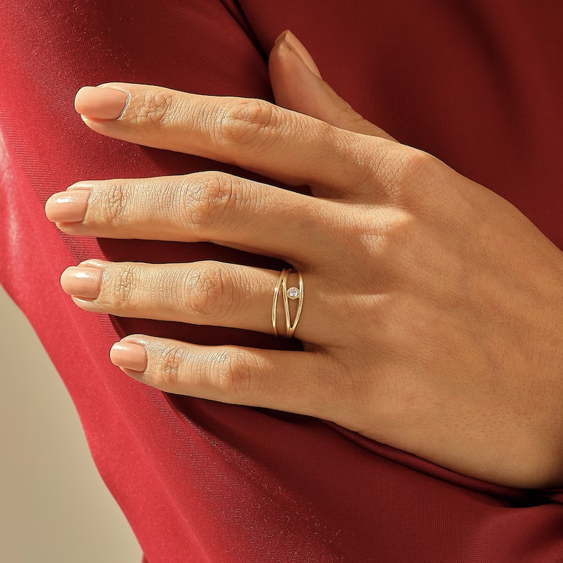 Solid Gold Wave Rows Diamond Ring