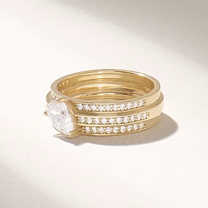 Solid Gold Pear Diamond Ring