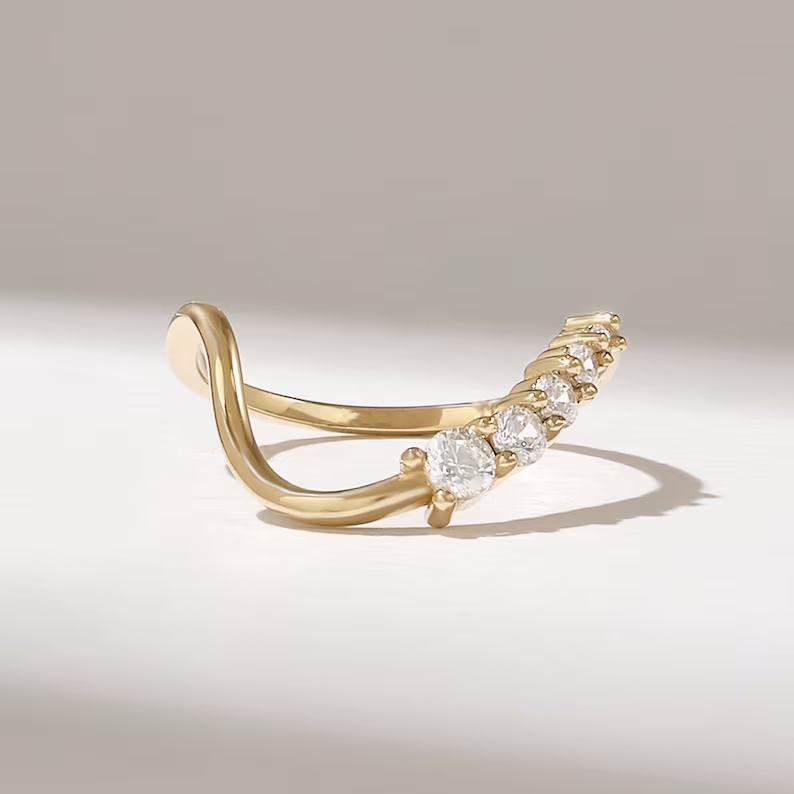 18K Solid Gold Diamond Wave Stacking Ring - Style A