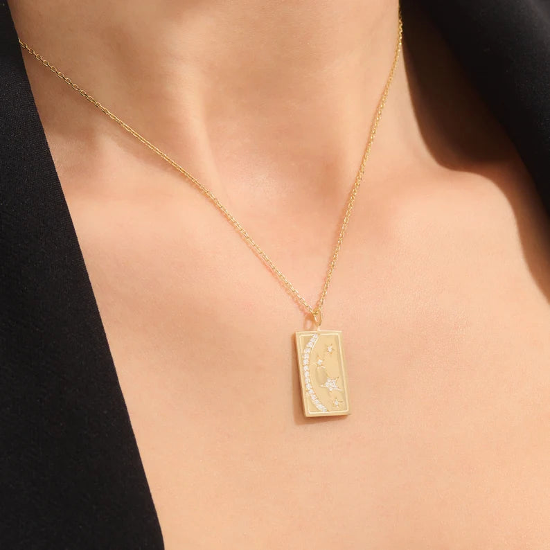 Solid Gold Solid Yellow Gold Moon and Stars Rectangle