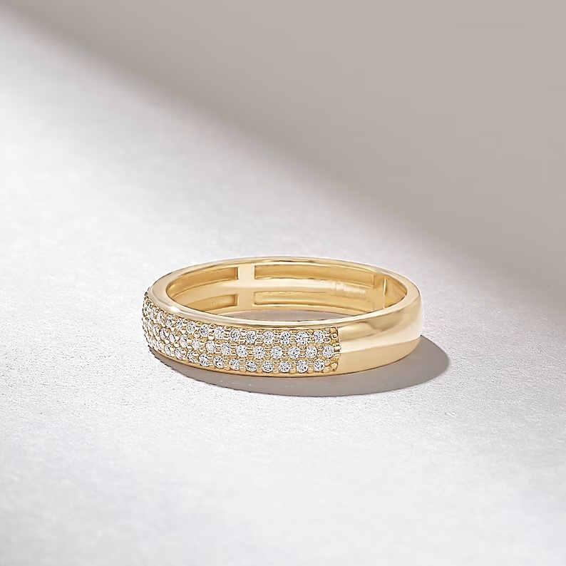 Solid Gold Micro Pave Diamond Wedding Band: Minimal 3.80MM Matching Ring