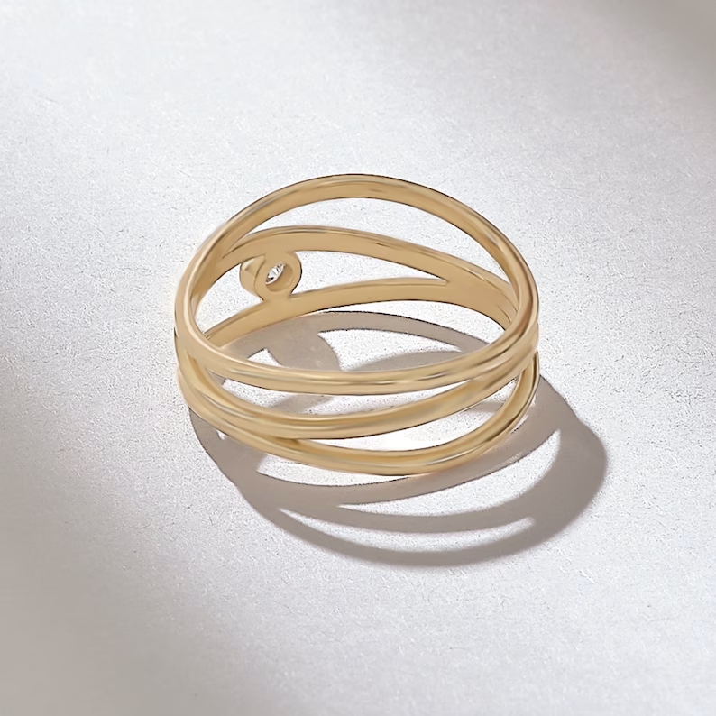 Solid Gold Wave Rows Diamond Ring