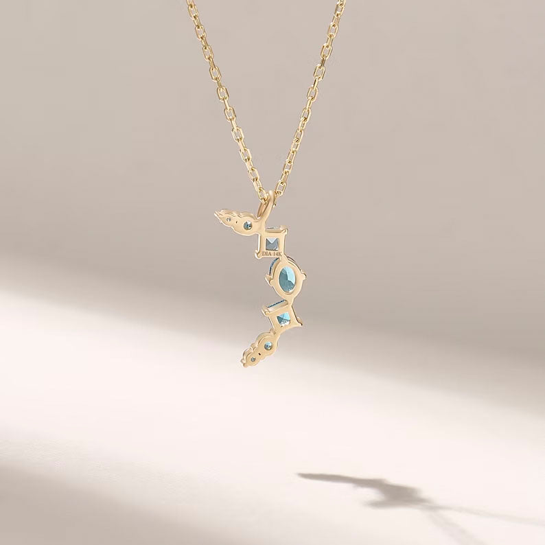 Solid Gold Blue Topaz Moon Necklace