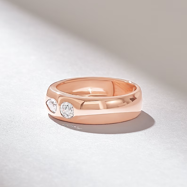 Solid Gold Two Diamond Dome Ring (D07A9B)