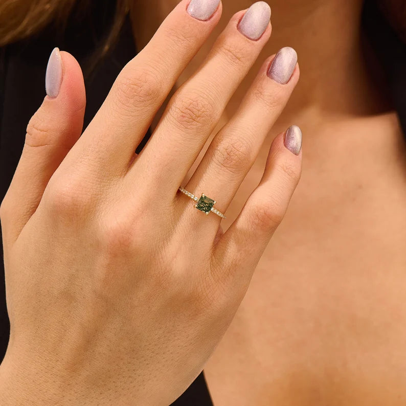 Solid Gold Moss Agate Solitaire Ring