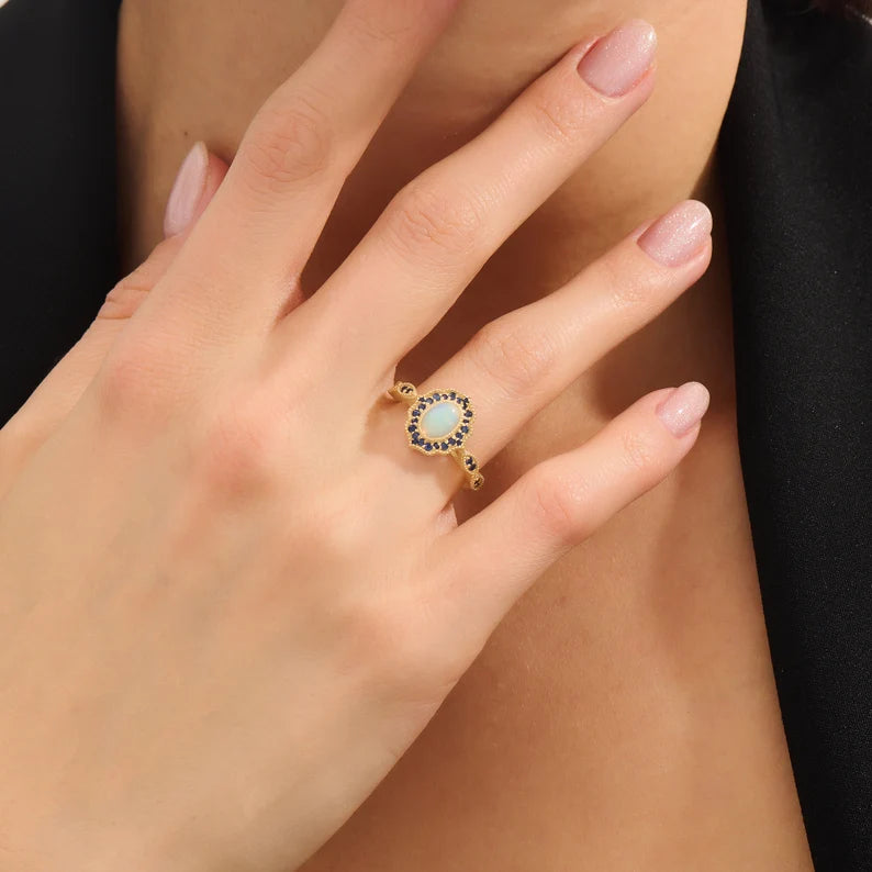 Solid Gold Oval White Opal Vintage Engagement Ring