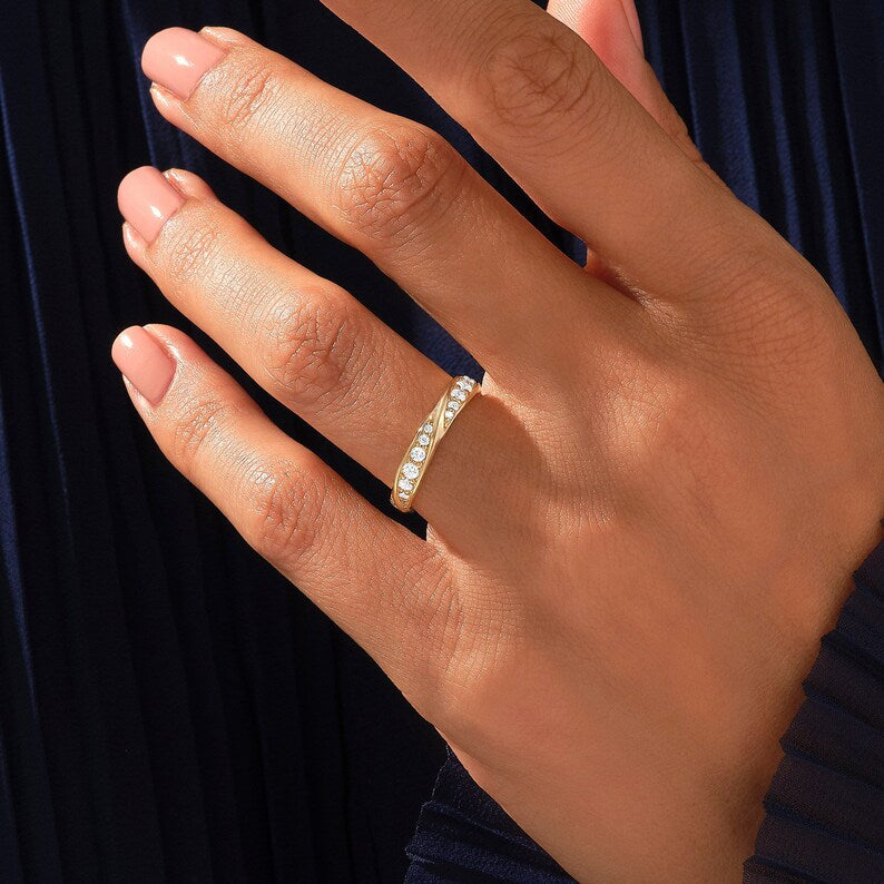 Solid Gold Pave Diamond Twist Wedding Band