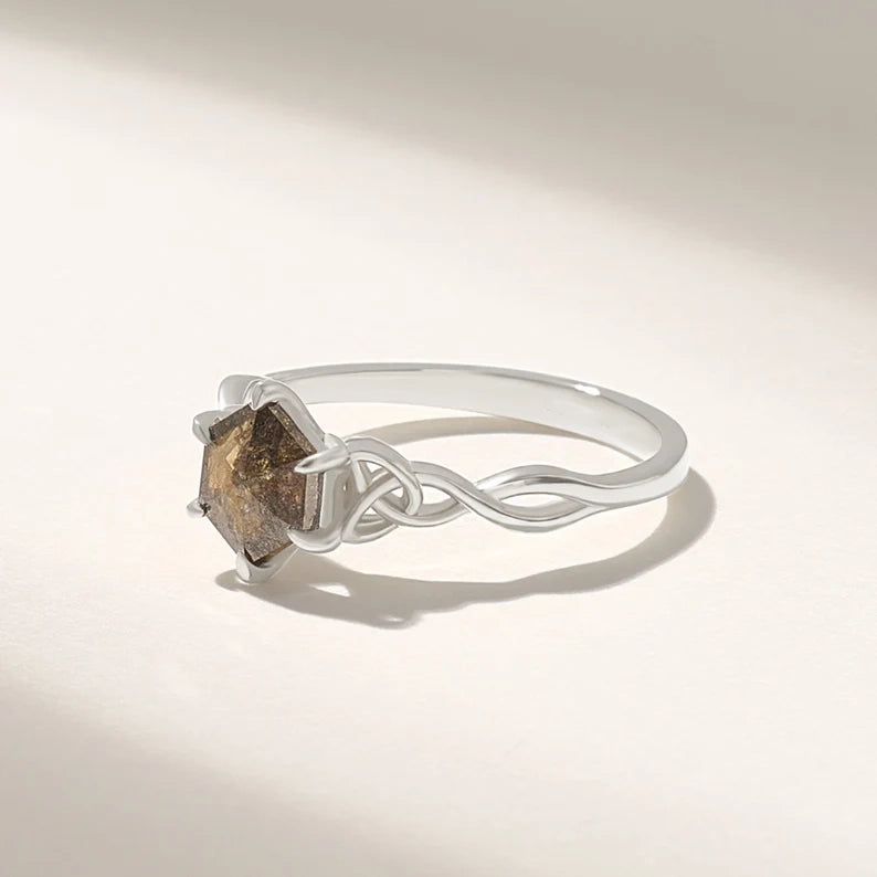 Solid Gold Salt and Pepper Celtic Knot Hexagon Engagement Ring