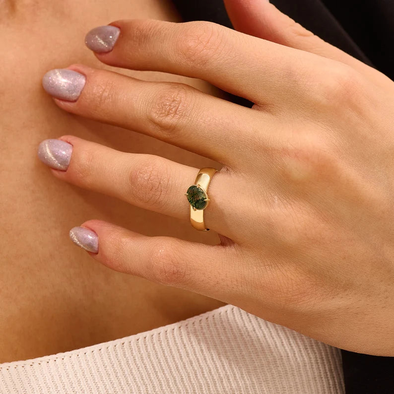 18K Solid Gold Moss Agate Solitaire Ring - Style A