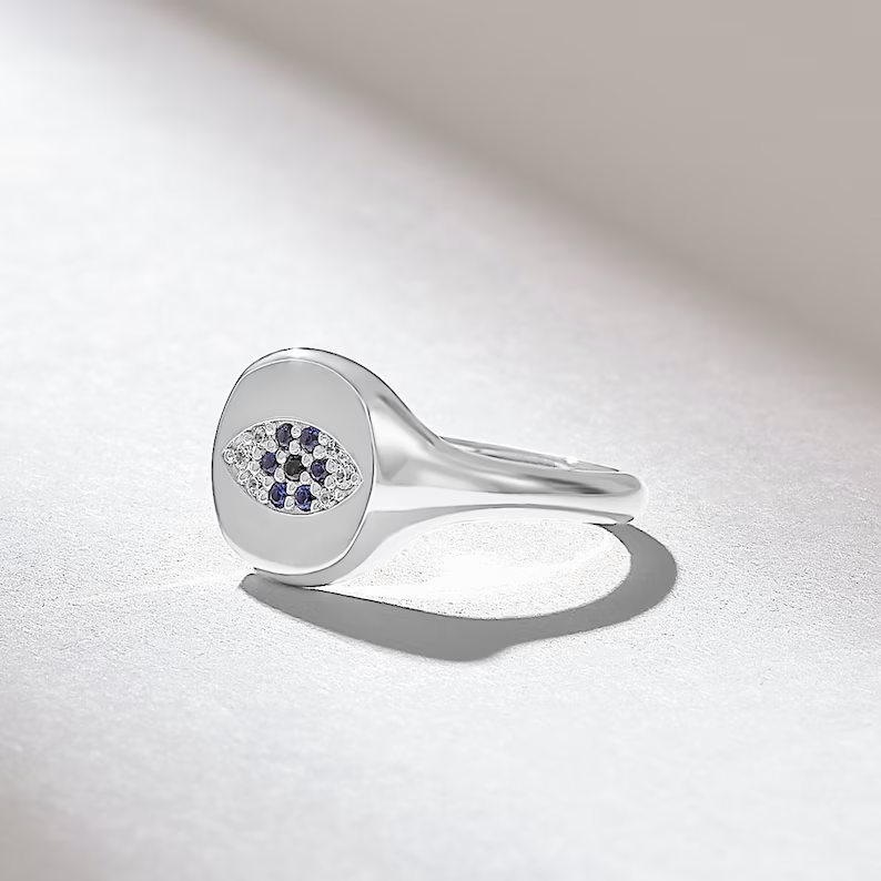 Solid Gold Evil Eye Signet Ring