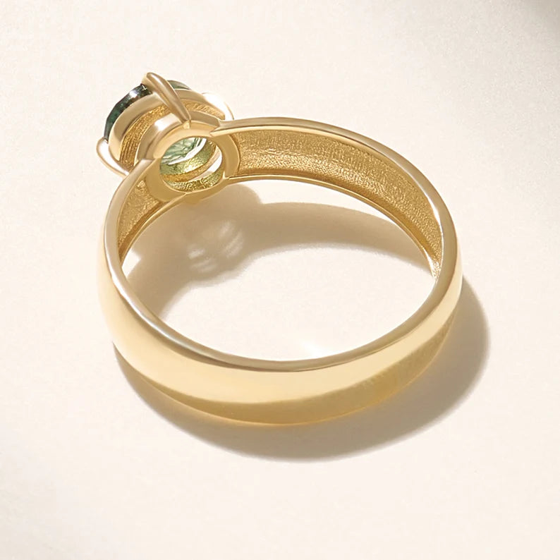 18K Solid Gold Moss Agate Solitaire Ring - Style B