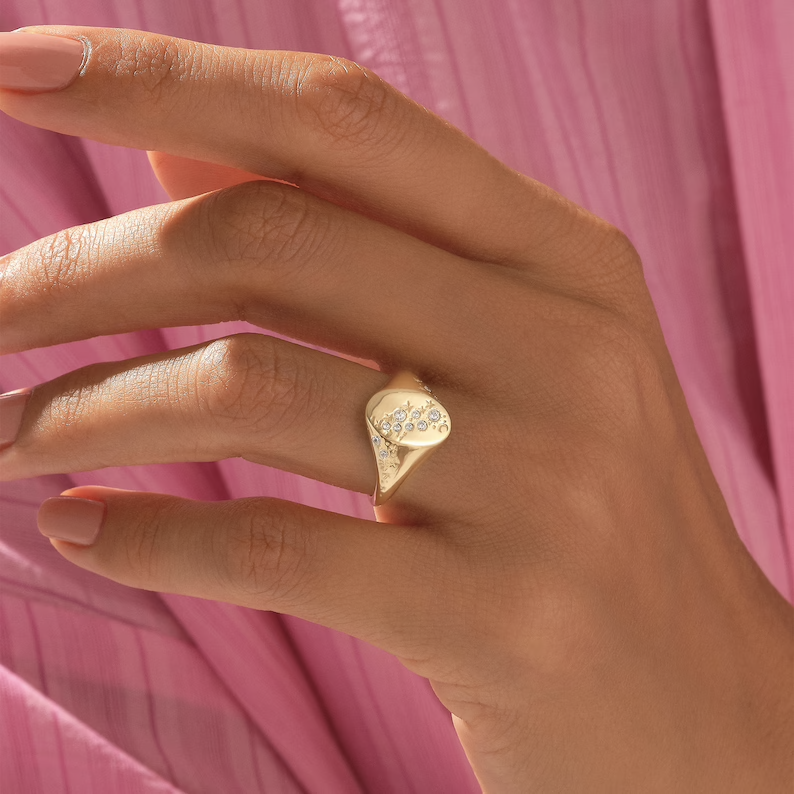 Solid Gold Diamond Celestial Signet Ring