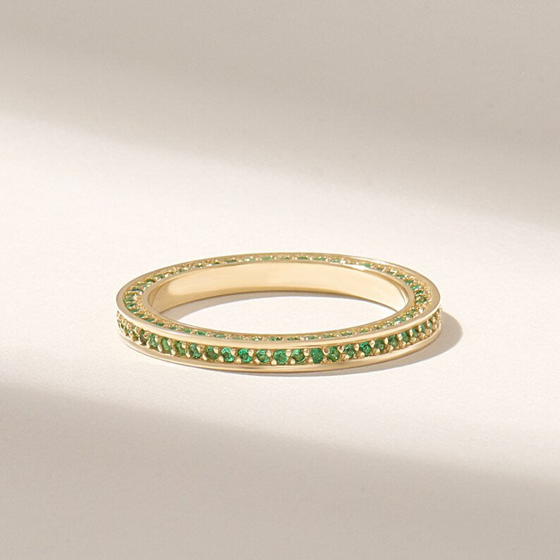 Solid Gold Emerald Stone Pave Eternity Ring