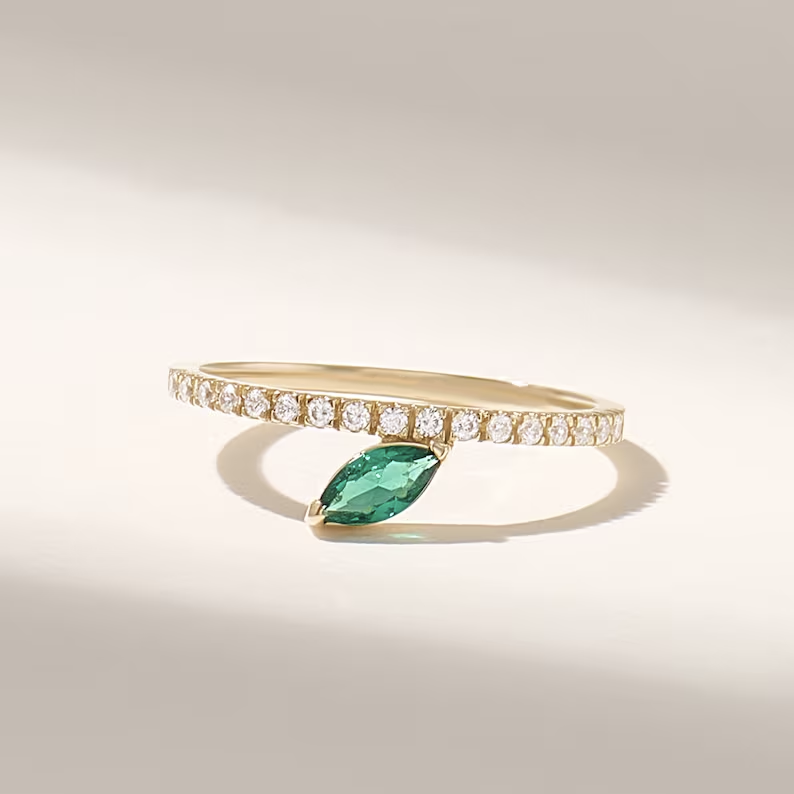 Solid Gold Marquise Emerald Leaf Ring