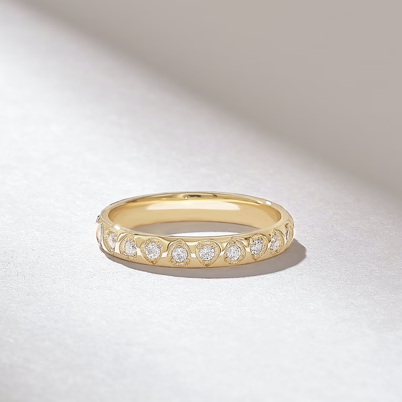 18K Solid Gold Diamond Eternity Wedding Band - Style B