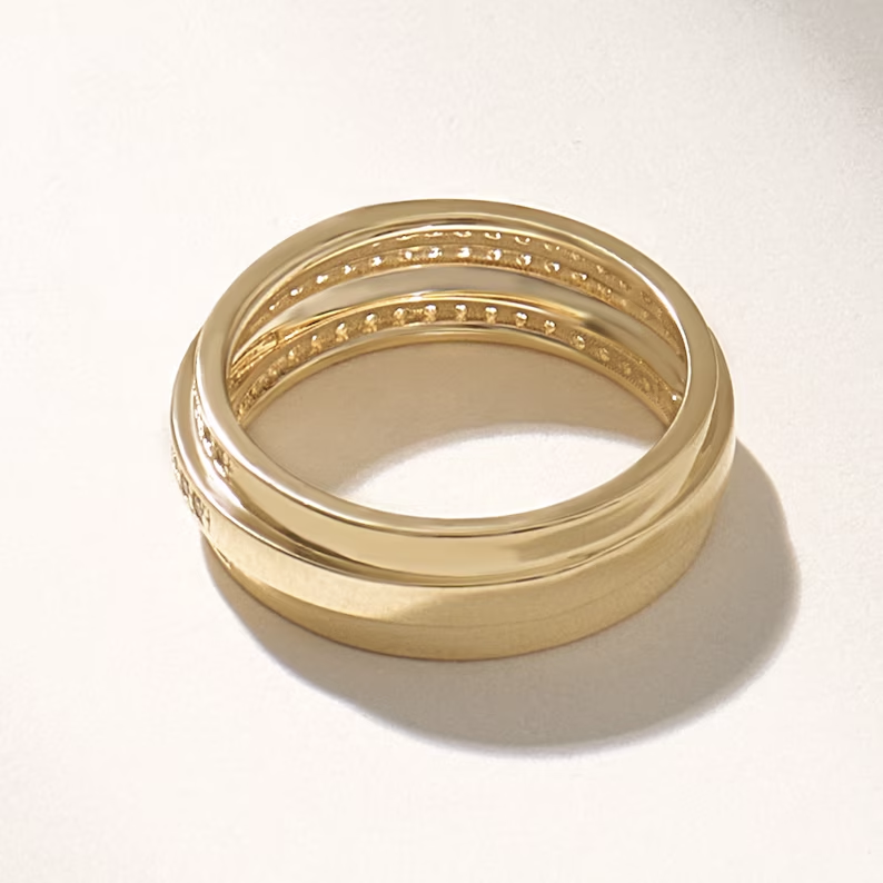 Solid Gold Triple Band Pave Diamond Ring