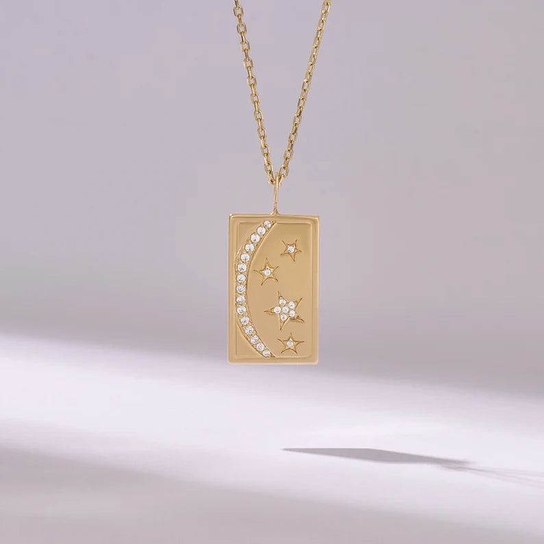 Solid Gold Solid Yellow Gold Moon and Stars Rectangle