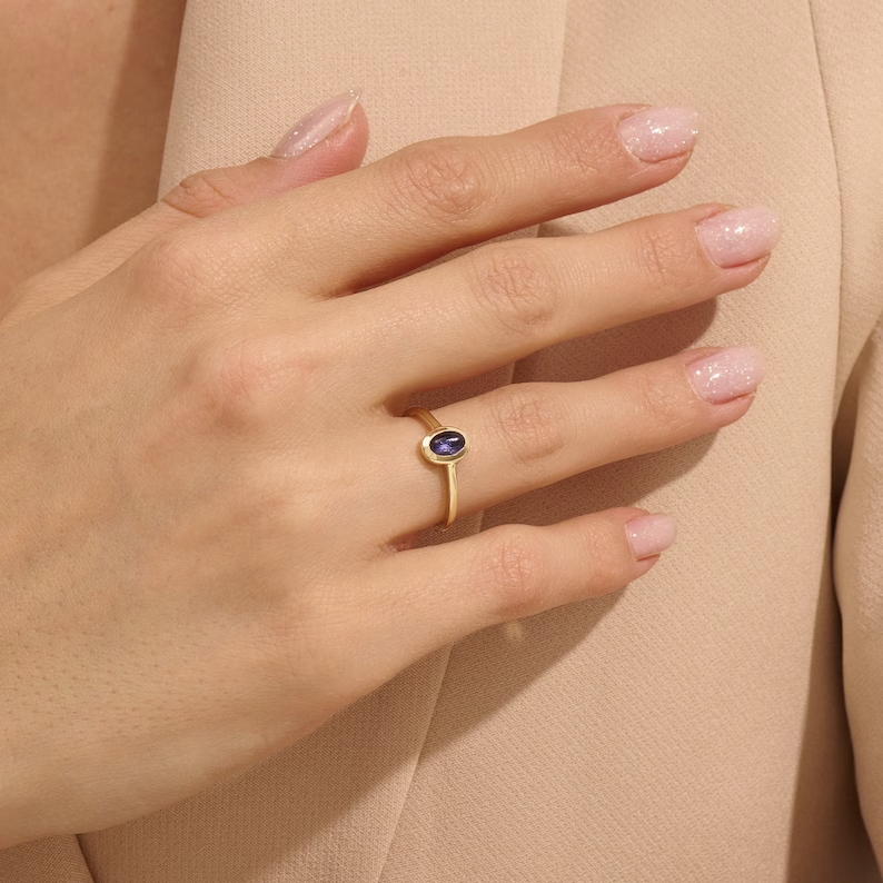 Solid Gold Bezel Iolite Solitaire Ring