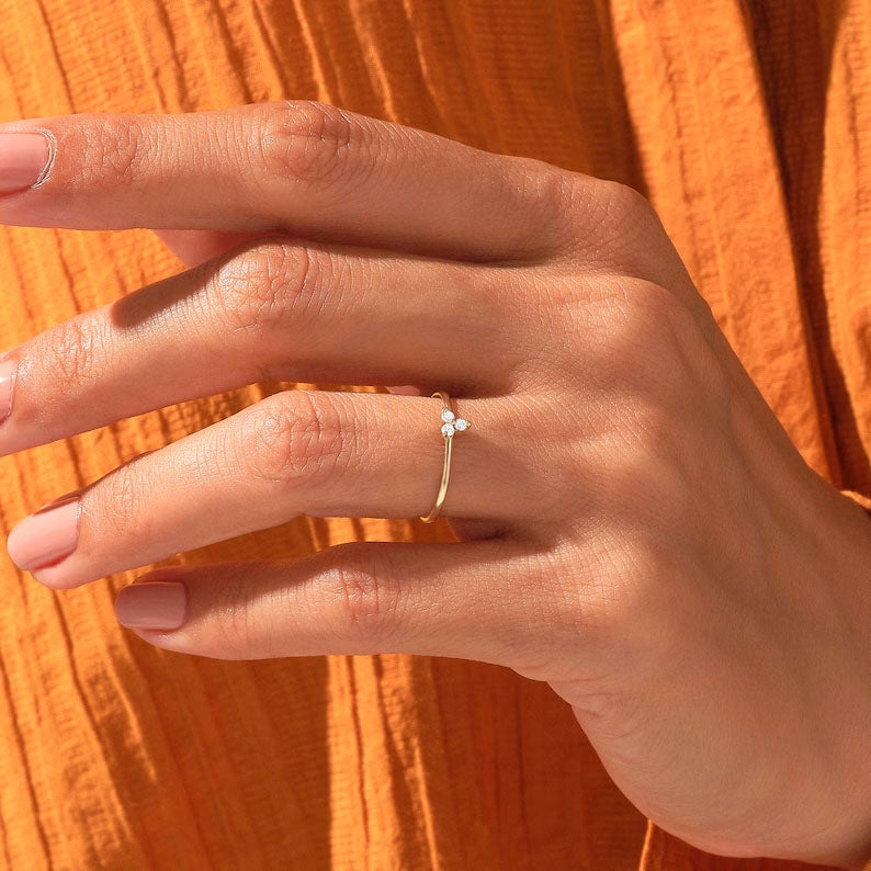 Solid Gold Tiny Diamond Trefoil Promise Ring